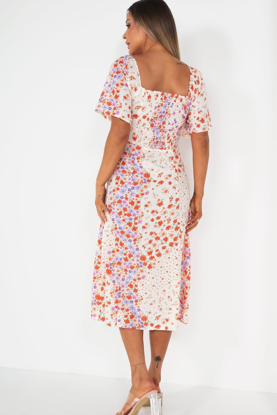 Clothing Influence | Zora Orange And Purple Floral Dress