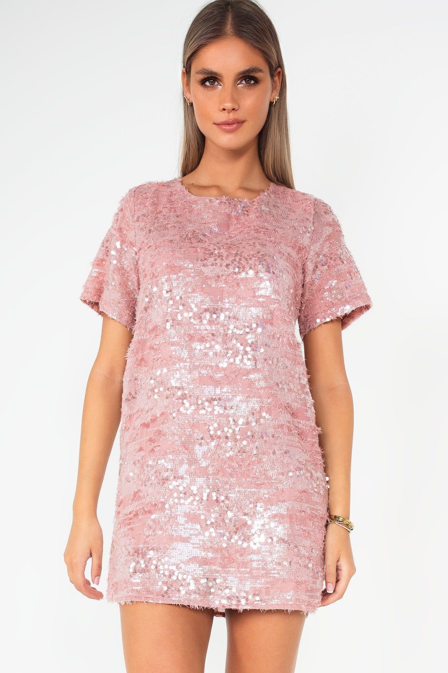 Clothing IVIV | Veda Dusty Pink Sequin T-Shirt Dress