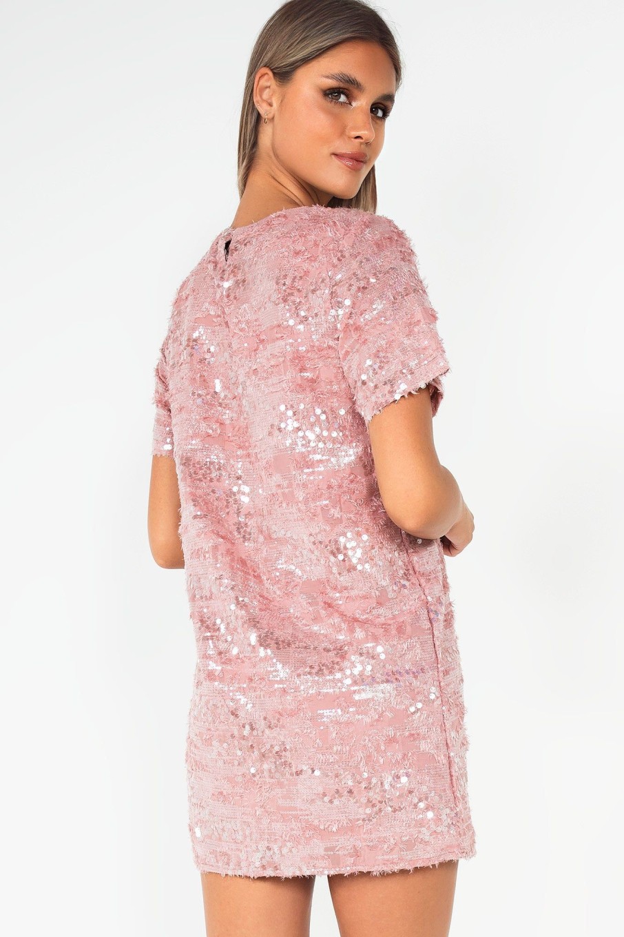 Clothing IVIV | Veda Dusty Pink Sequin T-Shirt Dress