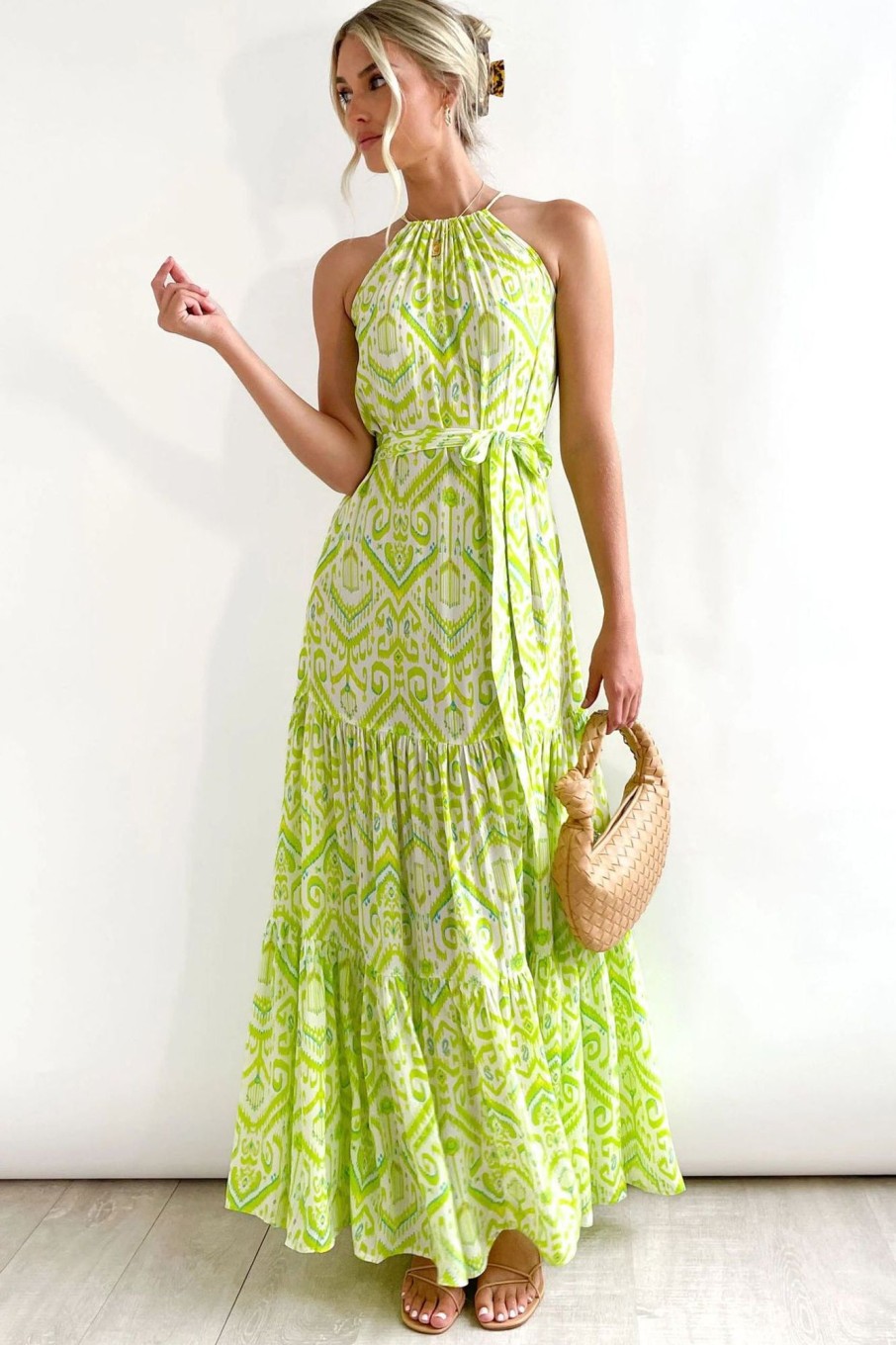 Clothing Moguland | Heather Green Print Belted Dress