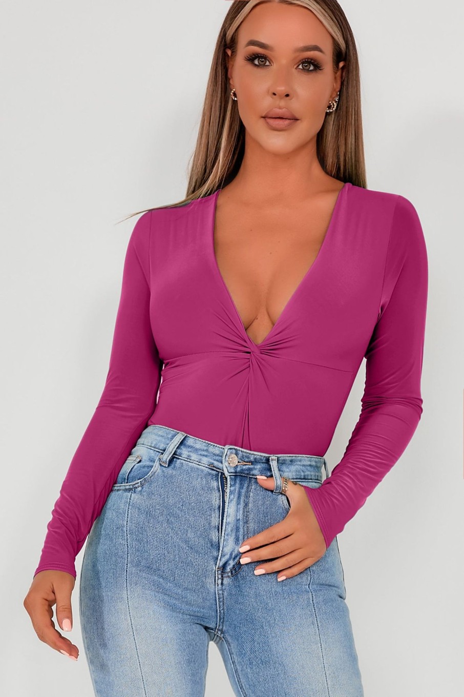 Clothing Style Wise | Adelina Magenta Slinky V Neck Bodysuit