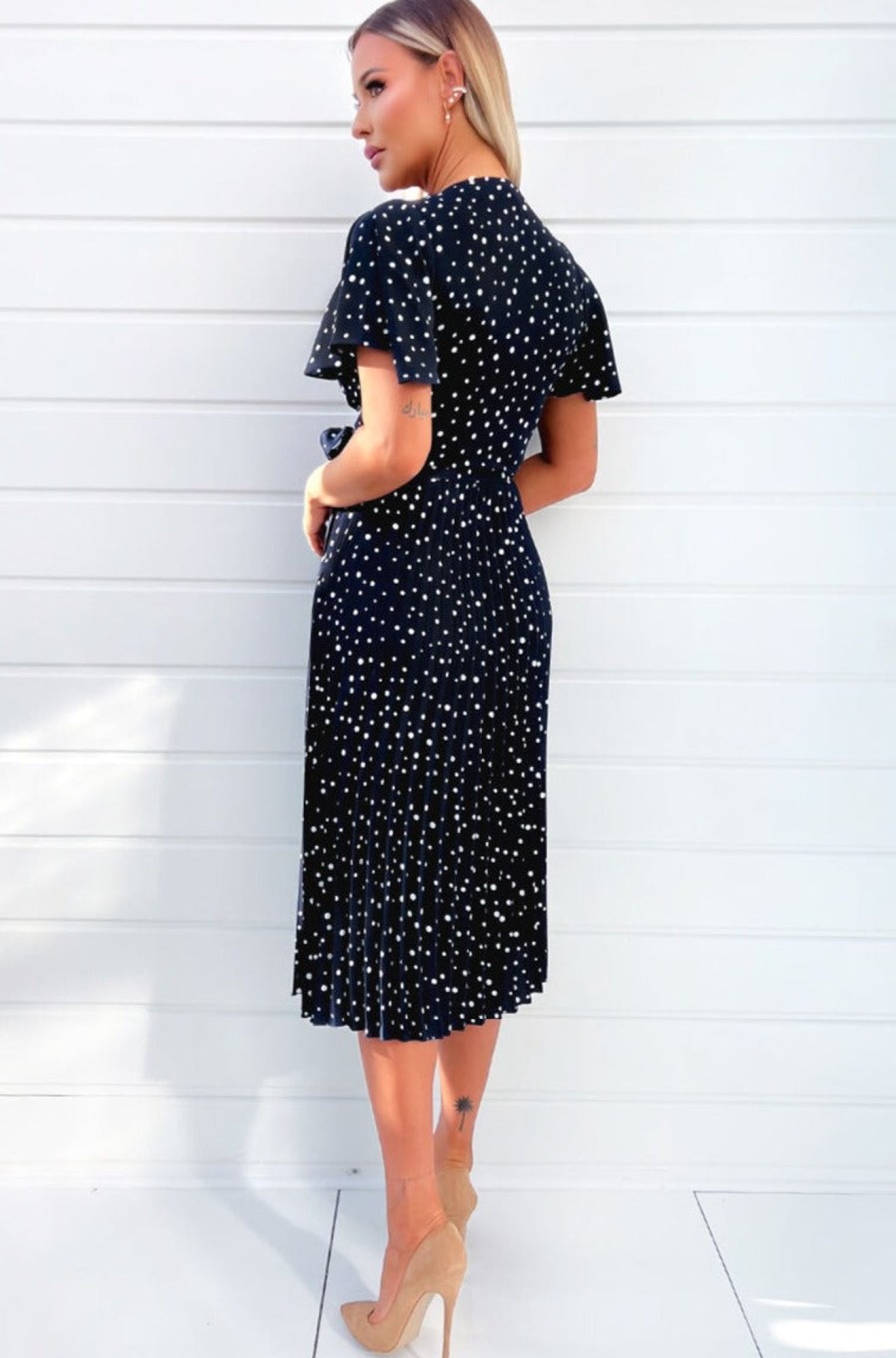 Clothing AX Paris | Ax Paris Issy Navy Polka Dot Midi Dress