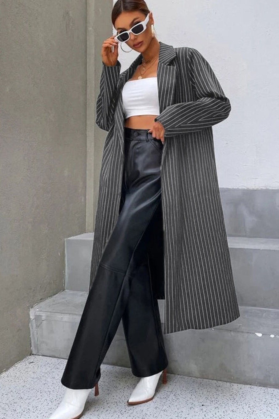 Clothing Willy Z | Marlee Grey Pinstripe Duster Coat