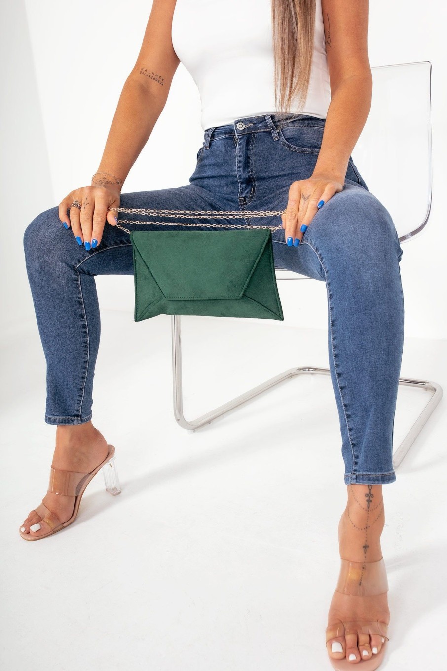 Clothing Koko | Nettie Dark Green Suedette Envelope Clutch Bag