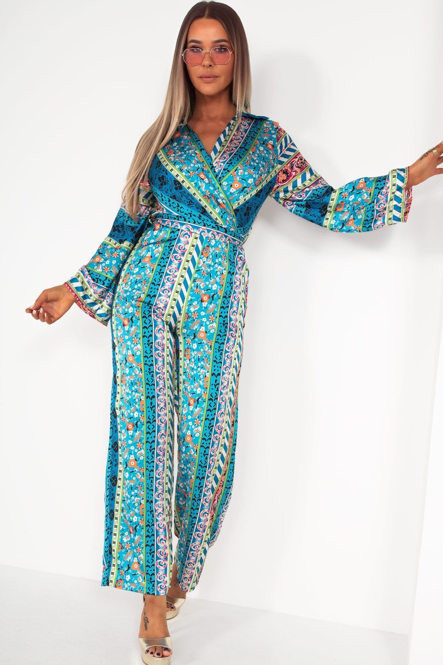 Clothing Copper Rose | Shelley Blue Satin Printed Jumpsuit