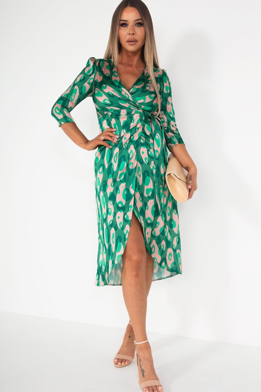 Clothing Copper Rose | Matilda Green Satin Print Dress