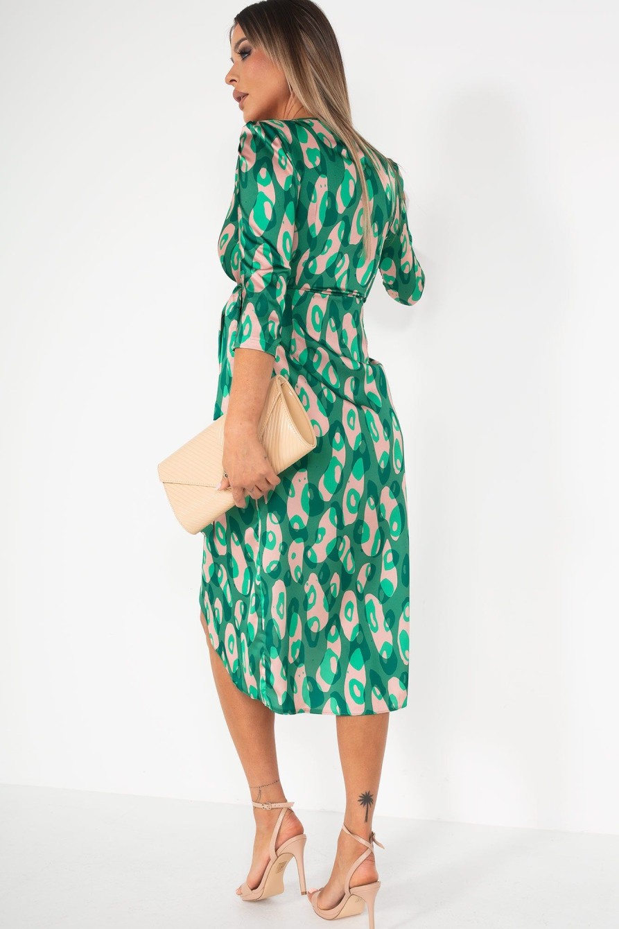 Clothing Copper Rose | Matilda Green Satin Print Dress