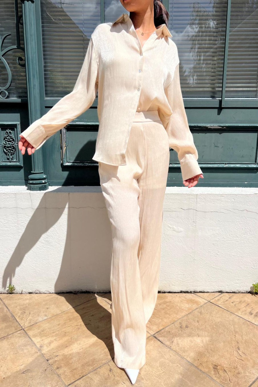 Clothing ally | Nicole Cream Shimmer Wide Leg Trousers