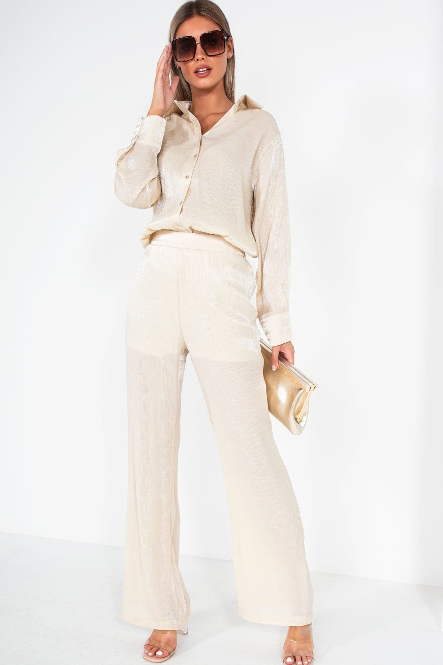 Clothing ally | Nicole Cream Shimmer Wide Leg Trousers