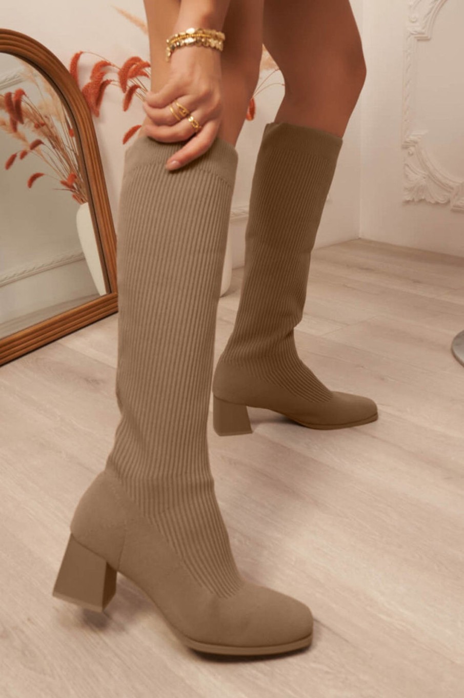 Clothing Ideal | Tessa Taupe Knit Knee High Boots