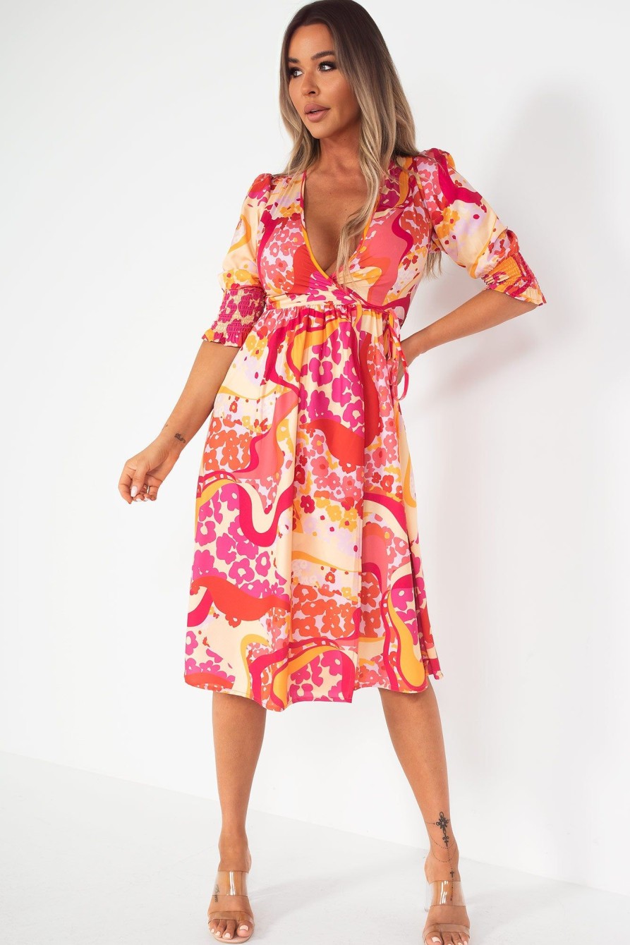 Clothing Influence | Petunia Orange And Pink Print Wrap Dress