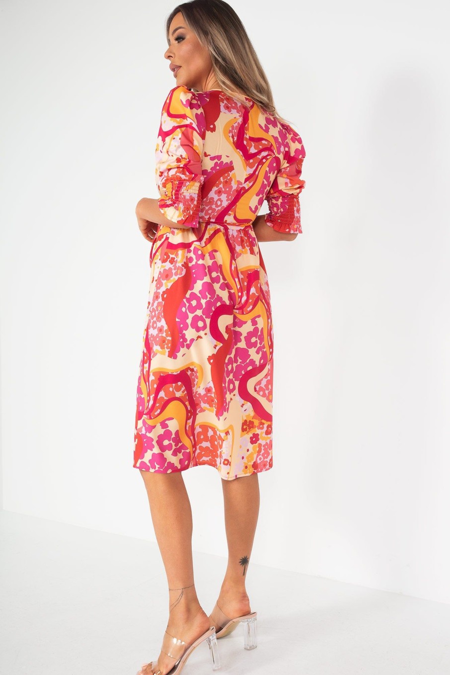 Clothing Influence | Petunia Orange And Pink Print Wrap Dress