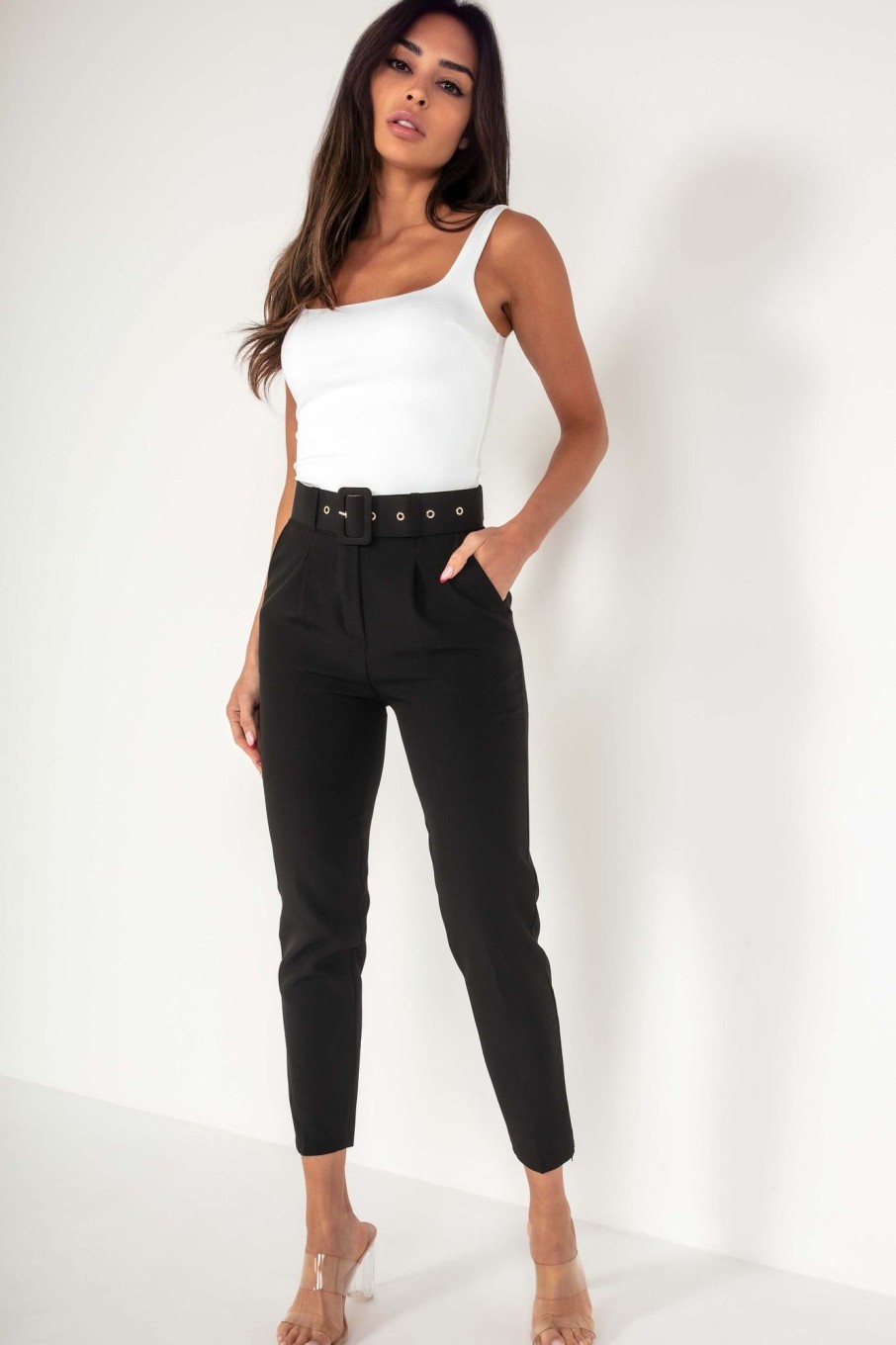 Clothing LustStyle | Brinley Black Belted Cigarette Trousers