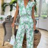 Clothing AX Paris | Ax Paris Iliana Green Satin Floral Jumpsuit