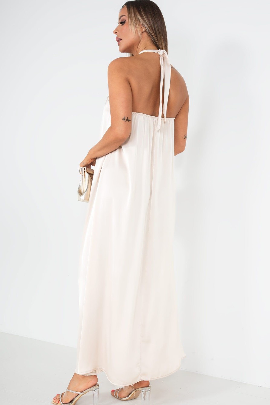 Clothing Copper Rose | Quetta Champagne Satin Halter Neck Dress