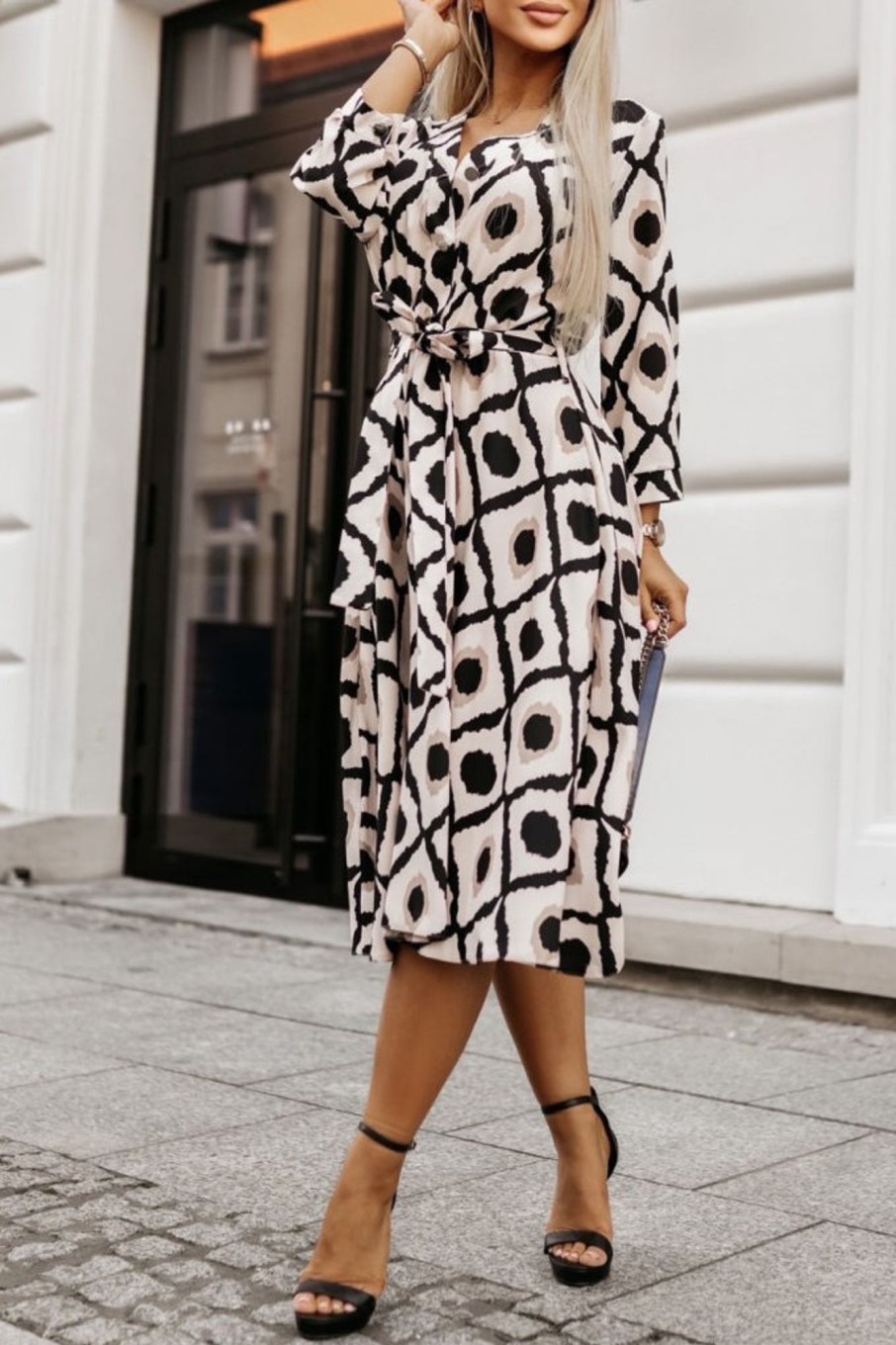 Clothing Willy Z | Roisin Stone And Black Printed Midi Dress