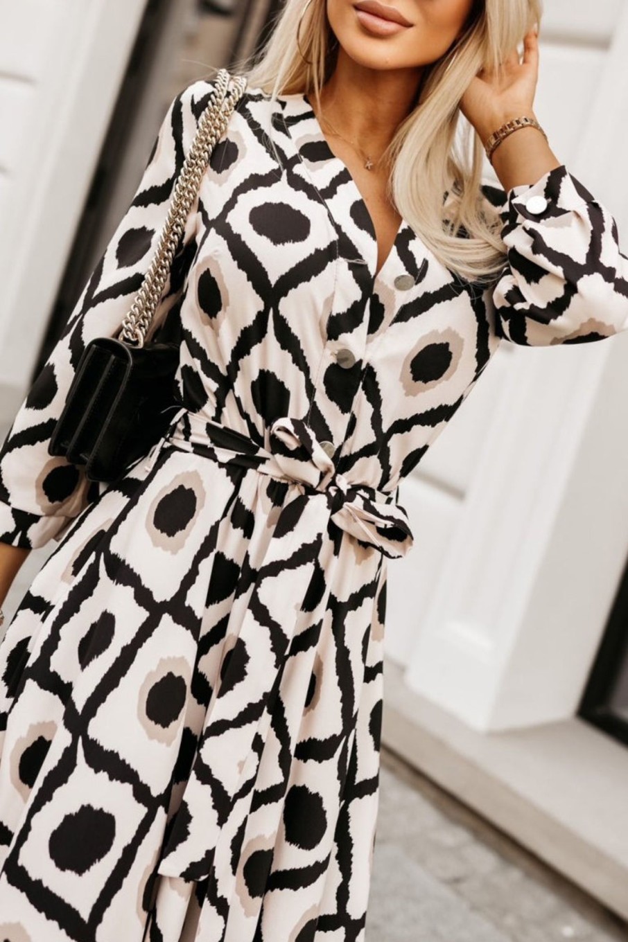 Clothing Willy Z | Roisin Stone And Black Printed Midi Dress