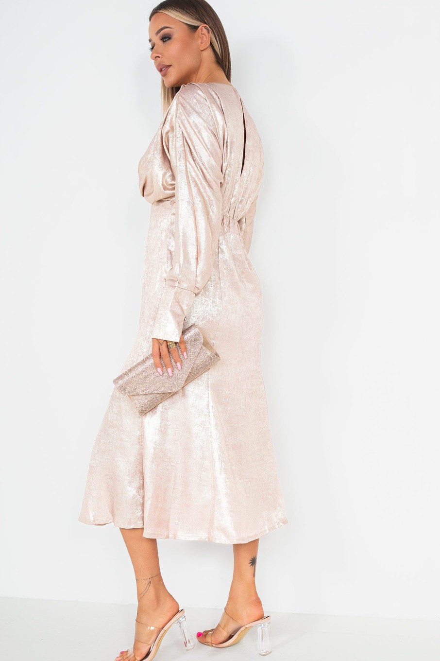 Clothing ally | Harlow Rose Gold Metallic Midi Dress