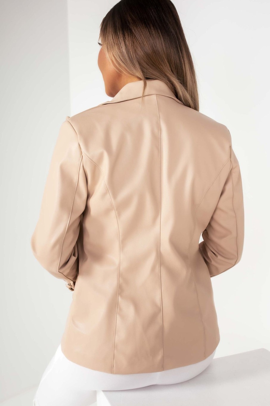 Clothing LustStyle | Cecilia Nude Faux Leather Blazer