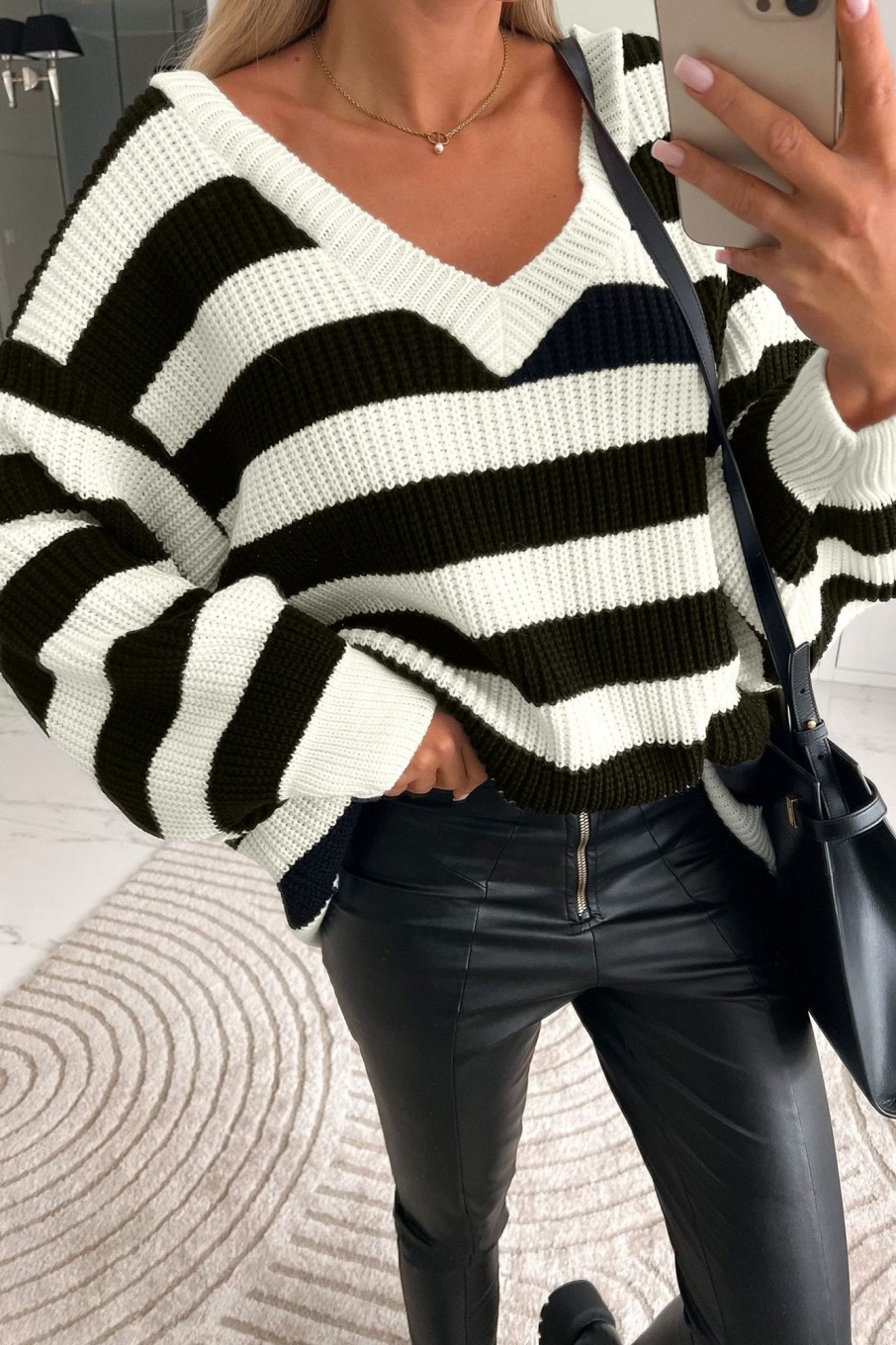 Clothing Willy Z | Diana Black And Cream Striped Knitted Jumper