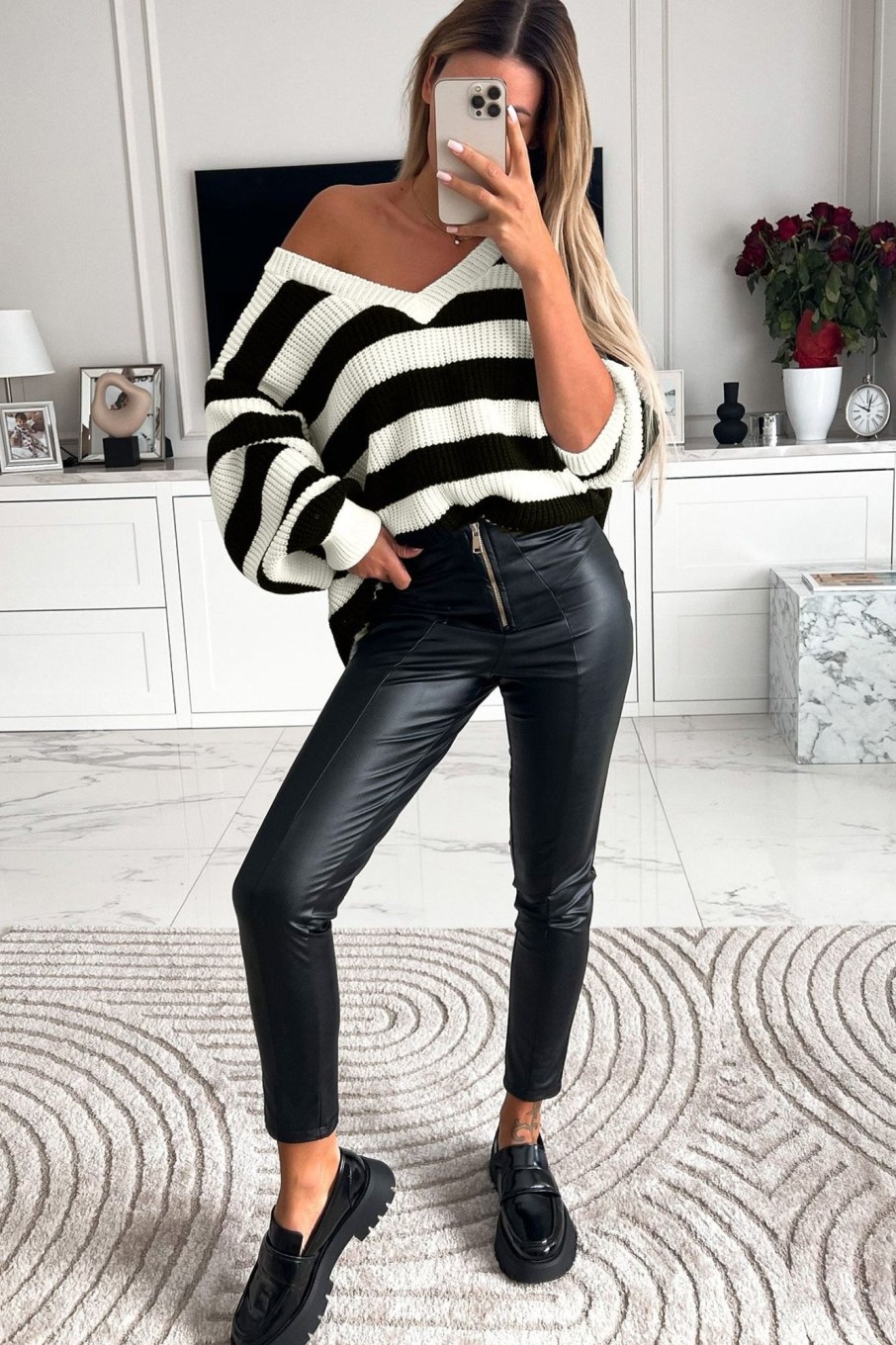 Clothing Willy Z | Diana Black And Cream Striped Knitted Jumper