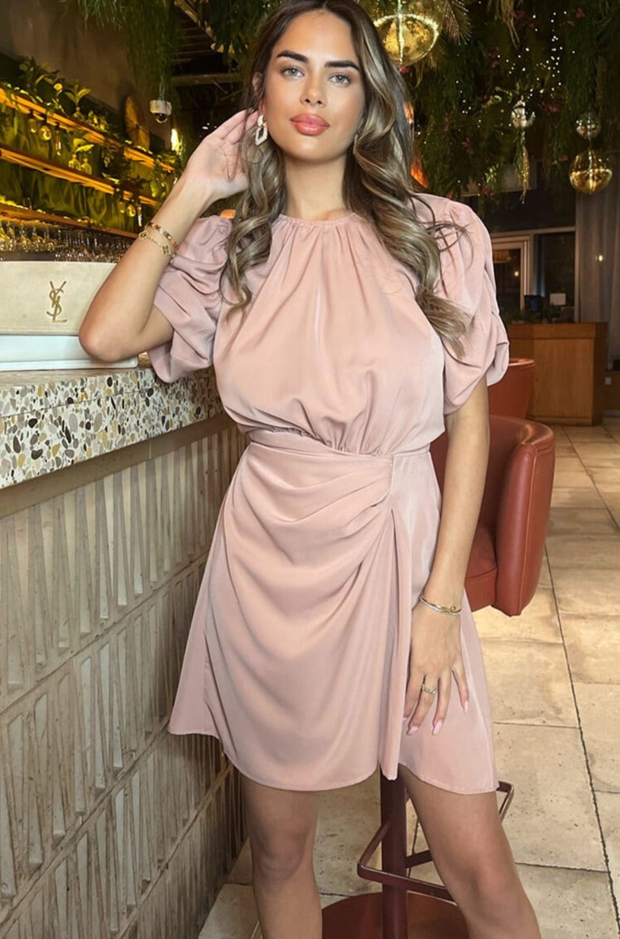 Clothing AX Paris | Ax Paris Olida Blush Puff Sleeve Dress