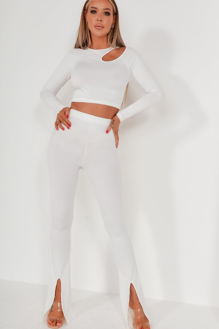 Clothing Edge | Mavis White Ribbed Split Hem Trousers