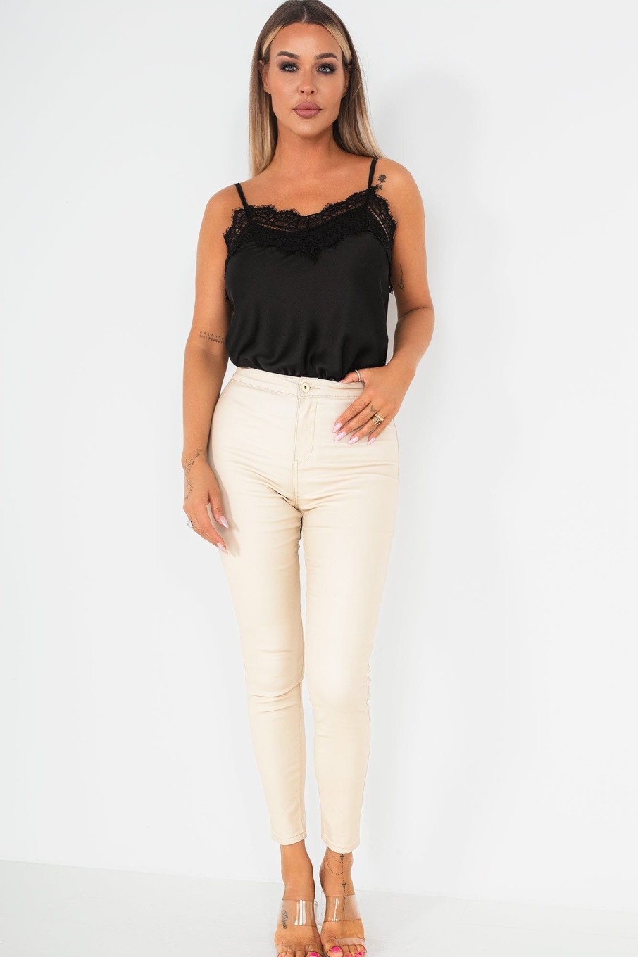 Clothing Zilene | Lianna Cream High Waist Faux Leather Jeans