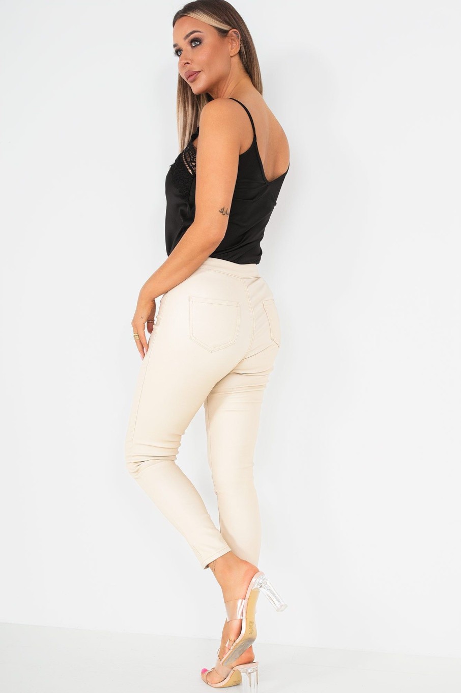 Clothing Zilene | Lianna Cream High Waist Faux Leather Jeans