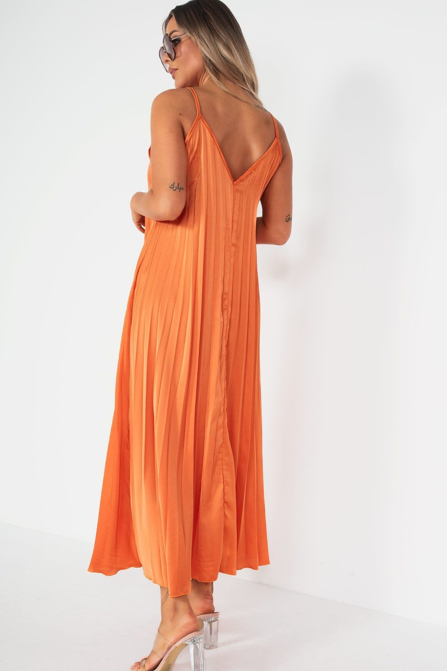 Clothing Copper Rose | Orah Orange Pleated Dress