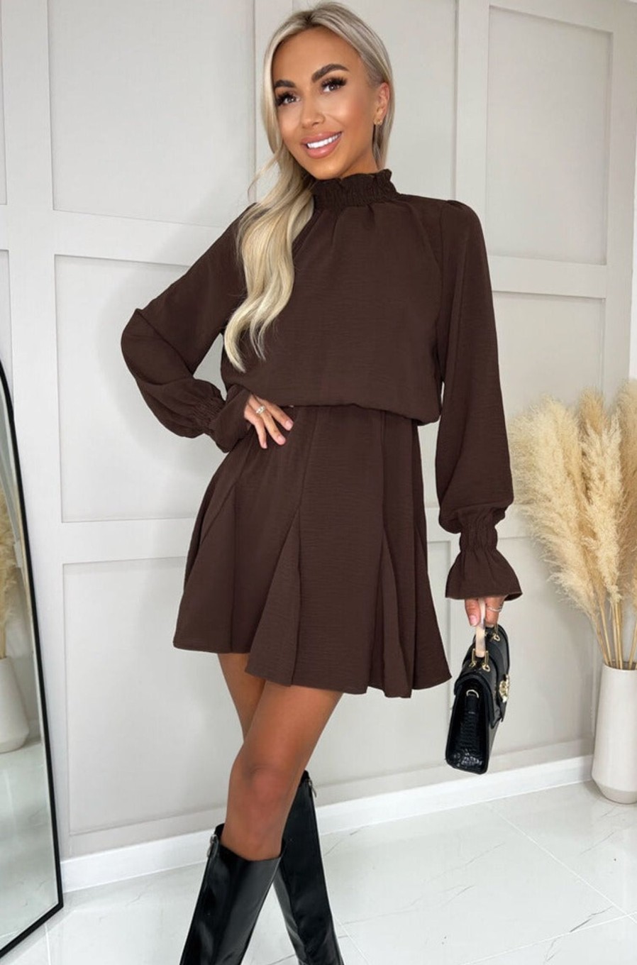 Clothing AX Paris | Ax Paris Daphne Chocolate High Neck Dress