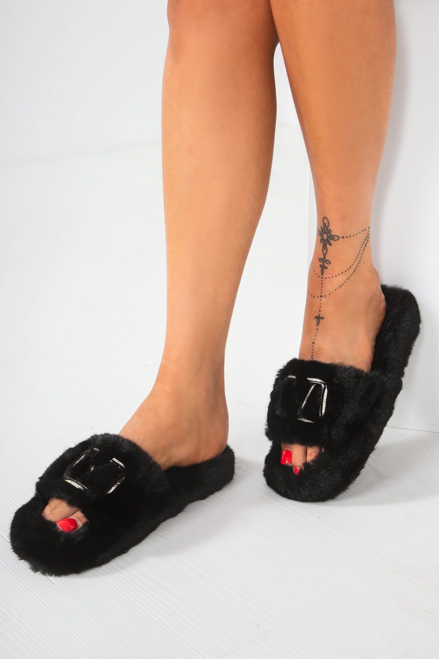 Clothing No Doubt | Faye Black Faux Fur Slippers