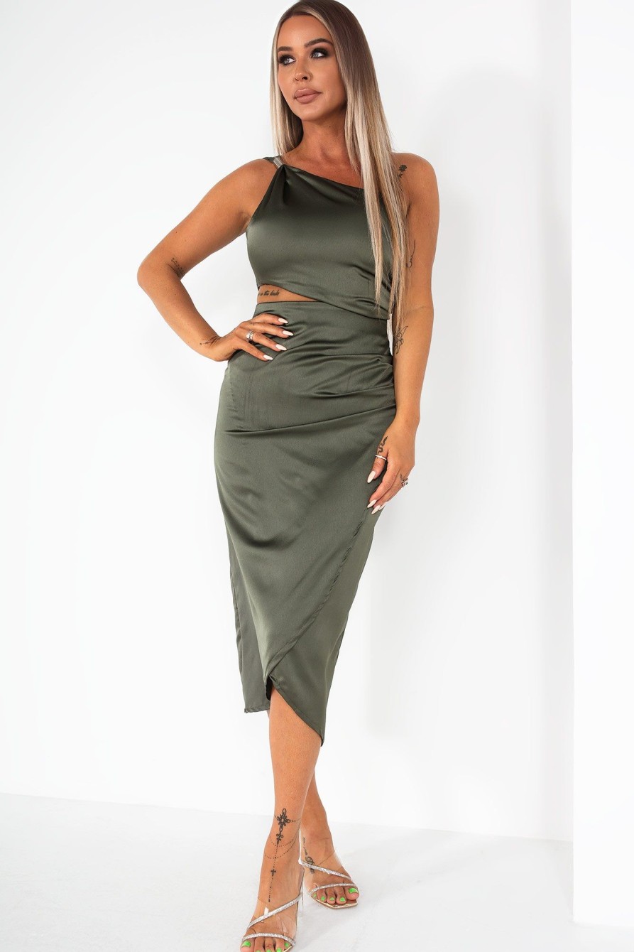 Clothing Copper Rose | Novalie Khaki Satin Cut Out Dress