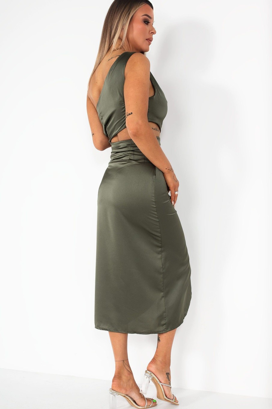 Clothing Copper Rose | Novalie Khaki Satin Cut Out Dress