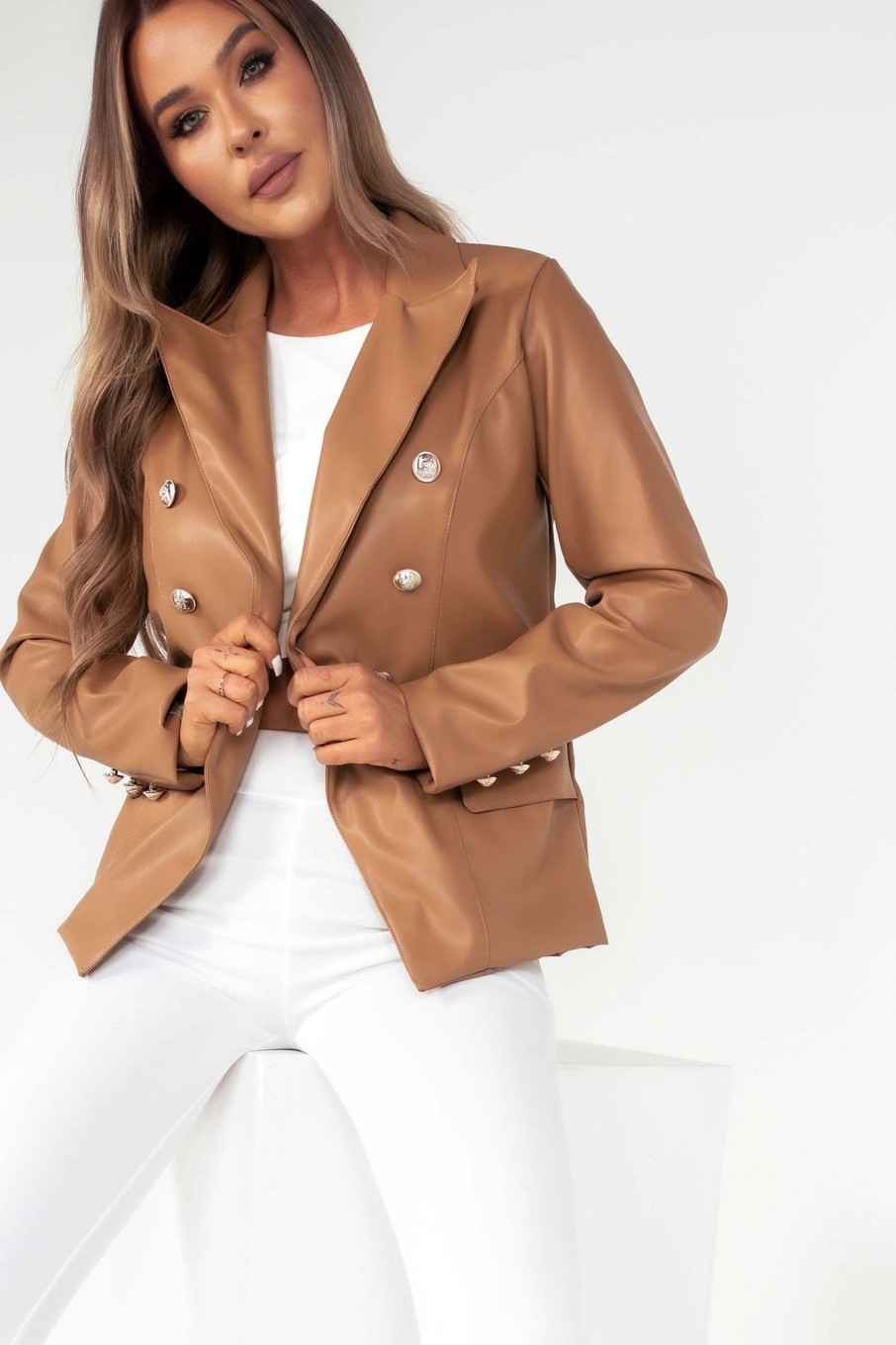 Clothing LustStyle | Cecilia Deep Tan Faux Leather Blazer