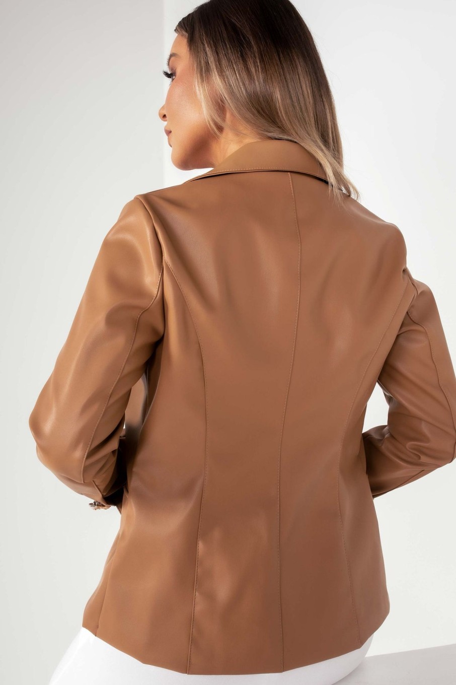 Clothing LustStyle | Cecilia Deep Tan Faux Leather Blazer