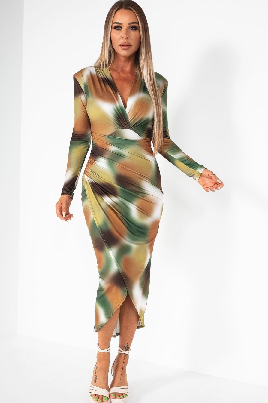 Clothing AX Paris | Ax Paris Delia Khaki Slinky Print Wrap Dress