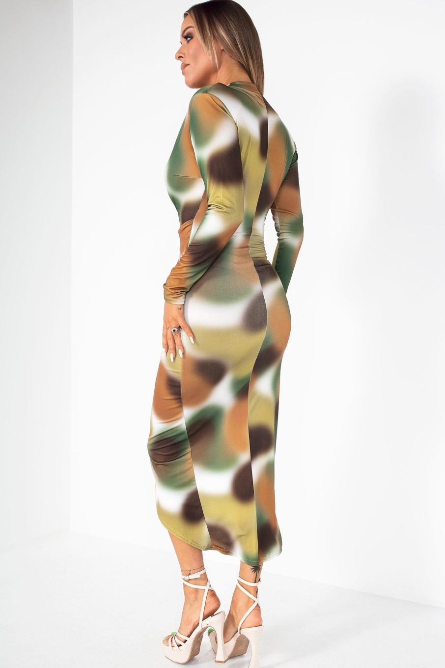 Clothing AX Paris | Ax Paris Delia Khaki Slinky Print Wrap Dress