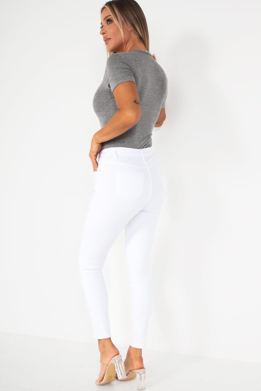 Clothing Zilene | Doretta White Button Detail Jeans