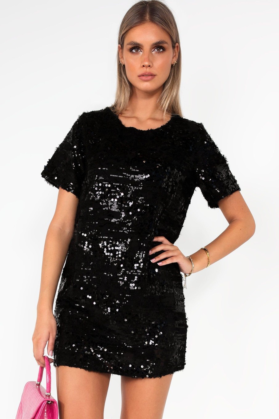 Clothing IVIV | Veda Black Sequin T-Shirt Dress