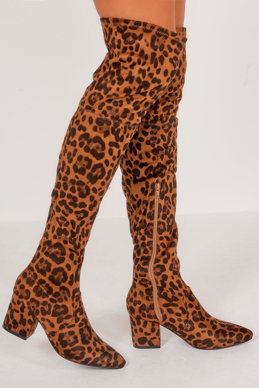 Clothing Kult | Oriah Leopard Suedette Over The Knee Boots