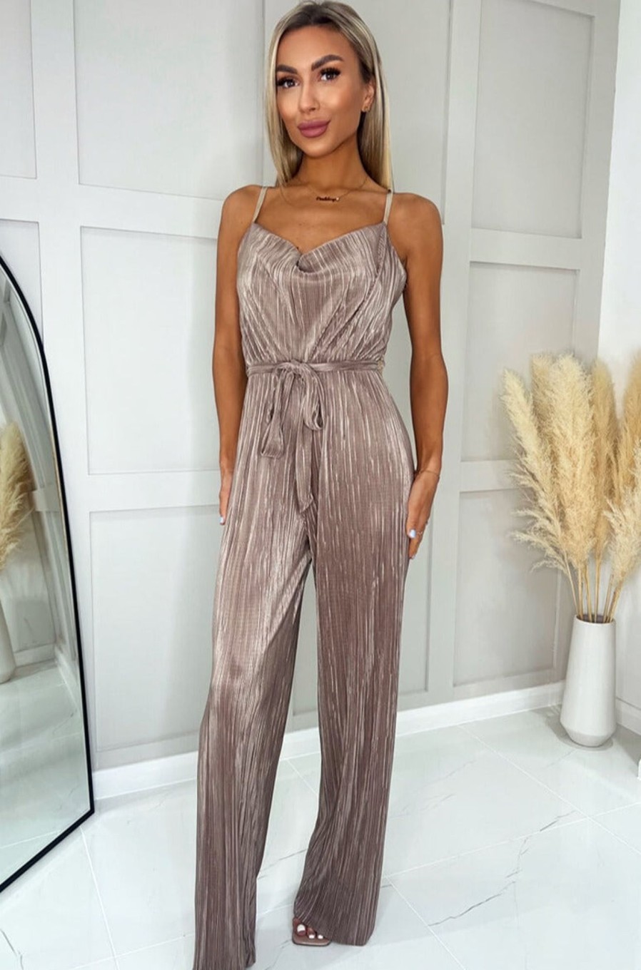 Clothing AX Paris | Ax Paris Sofia Taupe Plisse Jumpsuit