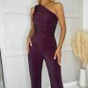 Clothing AX Paris | Ax Paris Ezra Plum One Shoulder Jumpsuit