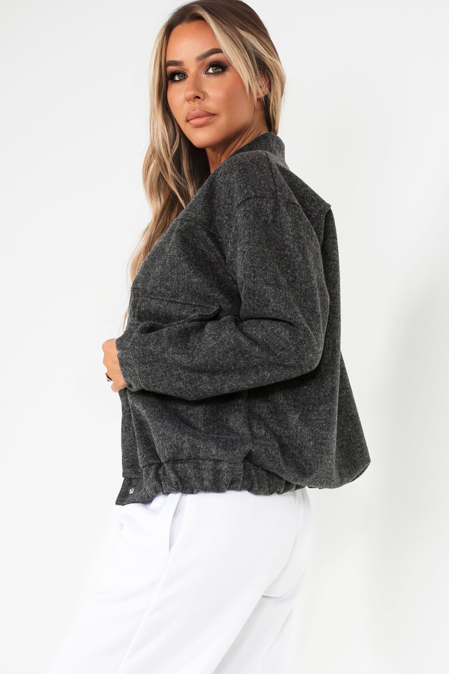 Clothing Willy Z | Hallie Charcoal Wool Look Bomber Jacket