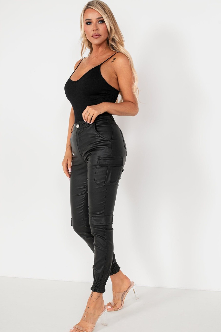 Clothing Yu u0026 Me | Kamryn Black Faux Leather Cargo Trousers