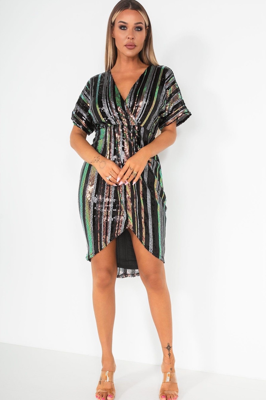 Clothing Girl in Mind | Girl In Mind Novah Multi Stripe Sequin Wrap Dress