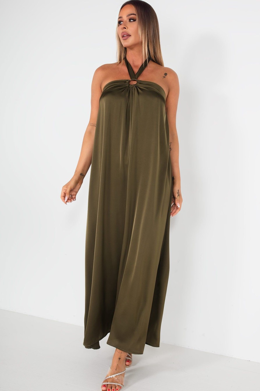 Clothing Copper Rose | Quetta Khaki Satin Halter Neck Dress