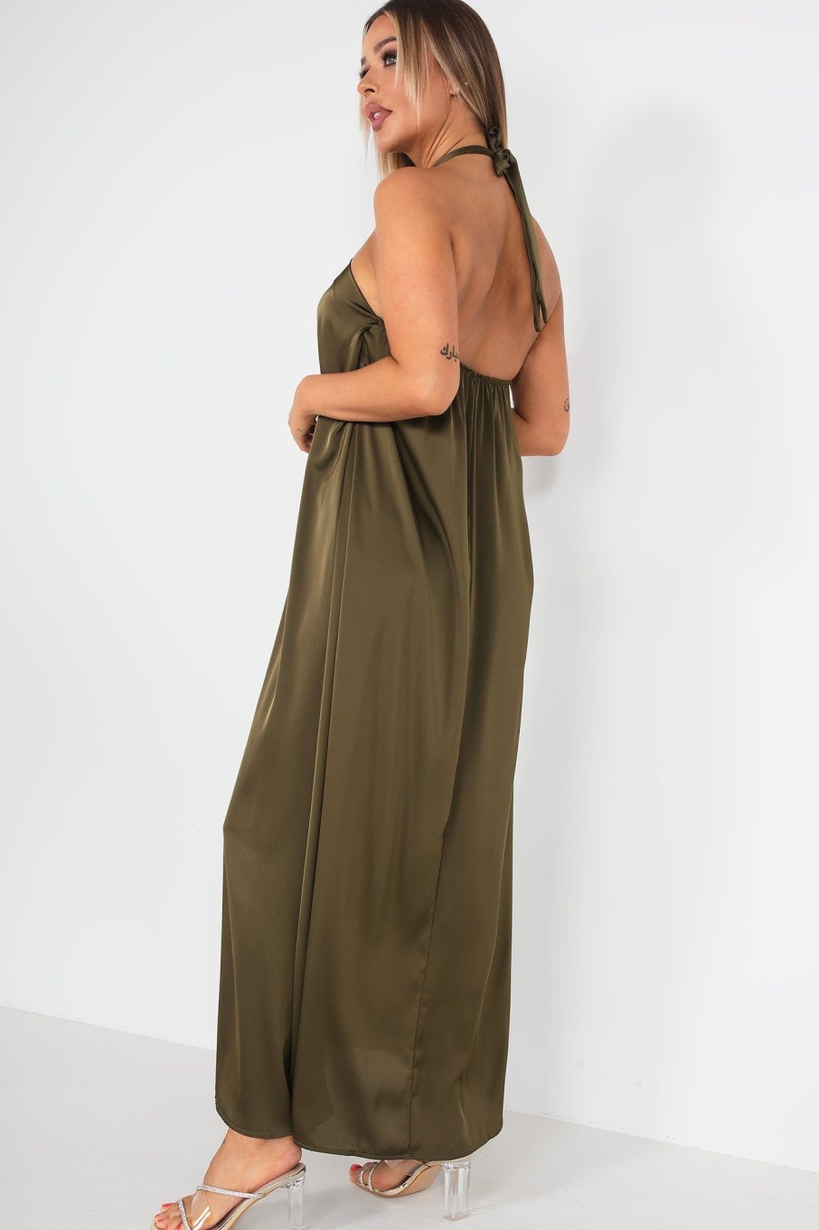 Clothing Copper Rose | Quetta Khaki Satin Halter Neck Dress