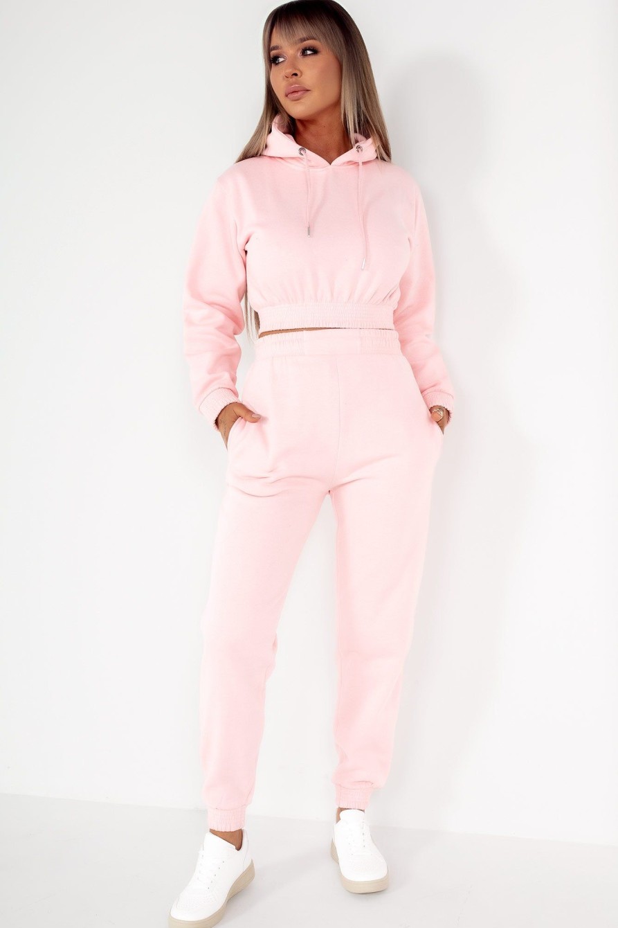 Clothing Style Wise | Priya Pink Crop Hooded Jogger Co Ord