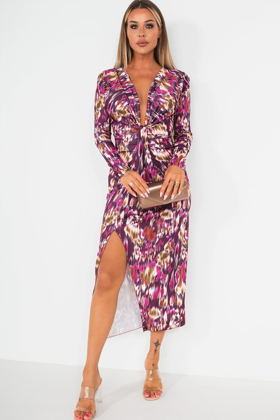 Clothing Copper Rose | Greyson Purple Printed Knot Front Midi Dress